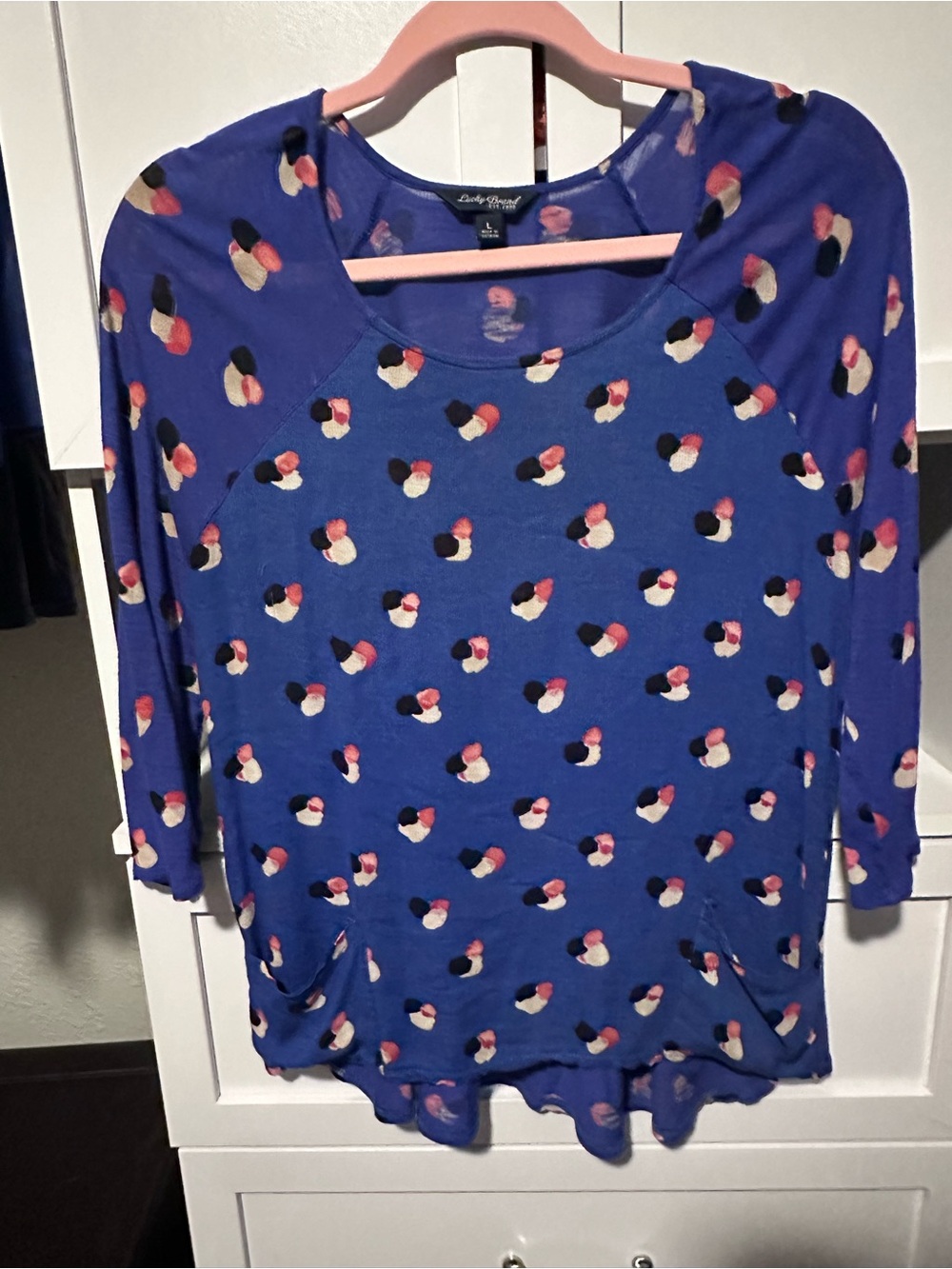 Lucky Brand Blue Printed 3/4 Sleeve Top Size Large Boho Casual Blouse